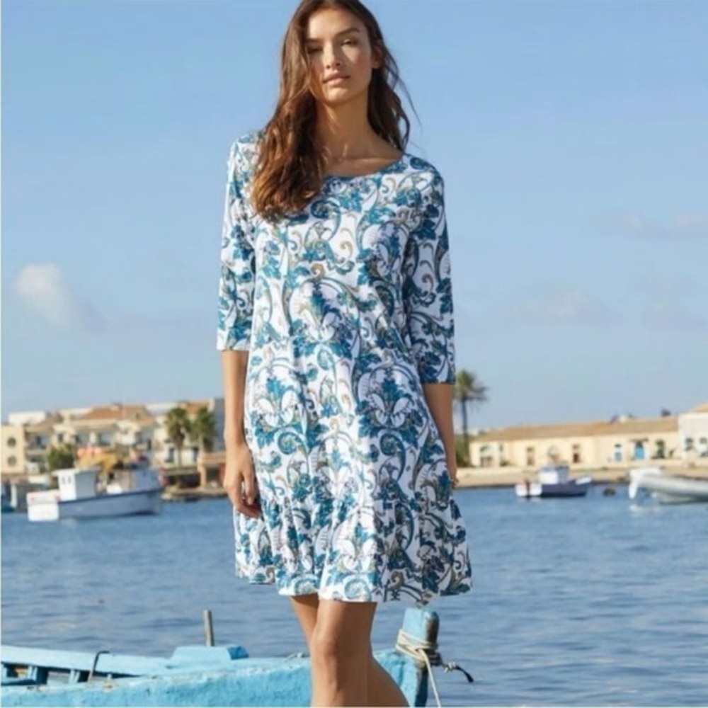 Peruvian Connection Teal and White Paisley Dress